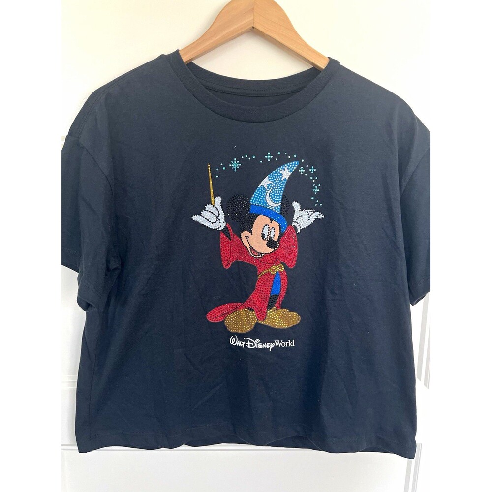 Walt Disney World Sorcerer Mickey Rhinestone Crop T-Shirt Bedazzled Bling Medium